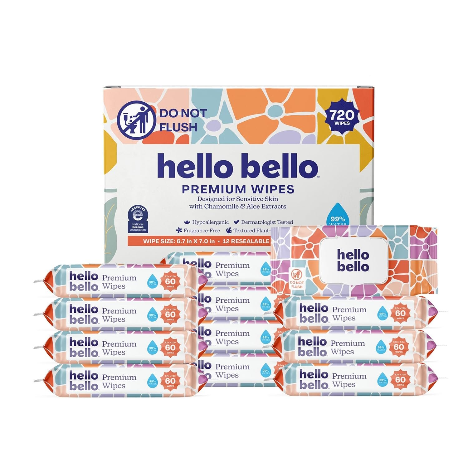 Hello Bello Premium Wipes, Designed for Sensitive Skin with Chamomile & Aloe Extracts, Flower Pop (12 Resealable Packets = 720 Total Wipes)