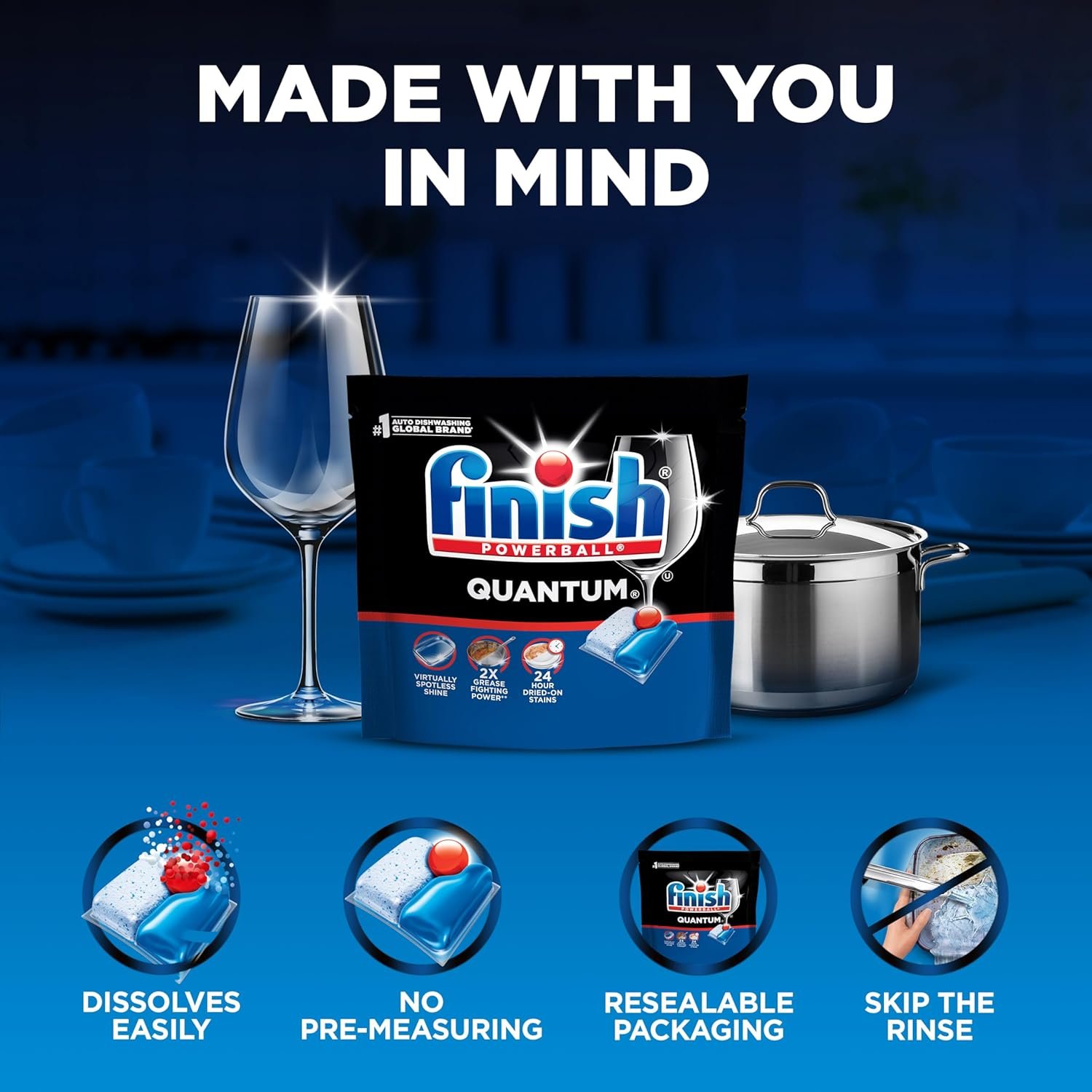 Finish Quantum Dishwasher Pods, No Pre-Rinse Dishwasher Detergent Soap Removes 24HR Dried-On Stain and Grease, Leaving a Virtually Spotless Shine, 82 Count - Image 5