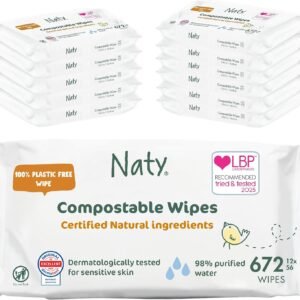 Naty Baby Wipes | 98% Water, Hypoallergenic & Natural for Sensitive Skin | Unscented, Plant-Based, Fragrance-Free | Plastic-Free & Compostable | Newborn & Toddler Diaper Wipes | 672 Count (12 Packs)