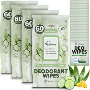 XL Deodorant Wipes for Women – 240 Ct. + 16 Travel Body Wipes Individually Wrapped 8″x8″ Odor Eliminator Towelettes for Underarm, Body, Feet – pH Balanced Armpit Smell Remover for Gym & Post Workouts