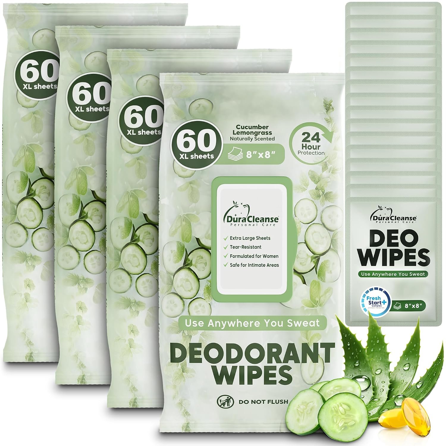 XL Deodorant Wipes for Women - 240 Ct. + 16 Travel Body Wipes Individually Wrapped 8"x8" Odor Eliminator Towelettes for Underarm, Body, Feet - pH Balanced Armpit Smell Remover for Gym & Post Workouts
