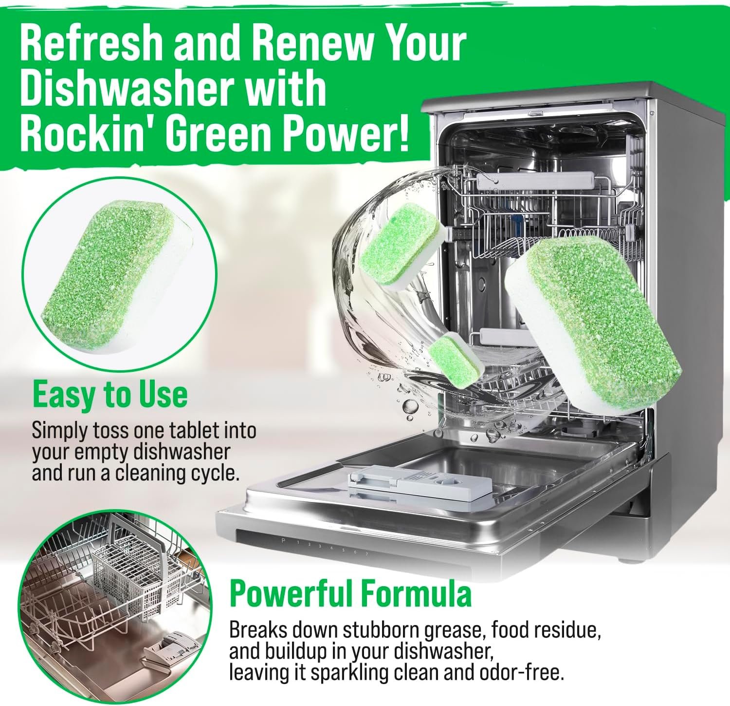 Rockin' Green Deep Cleaning and Deodorizing Tablets for Dishwashers, Washing Machines, and Garbage Disposals, Removes Odor and Residue (Dishwasher Cleaning Tablets, 8 Pack) - Image 2