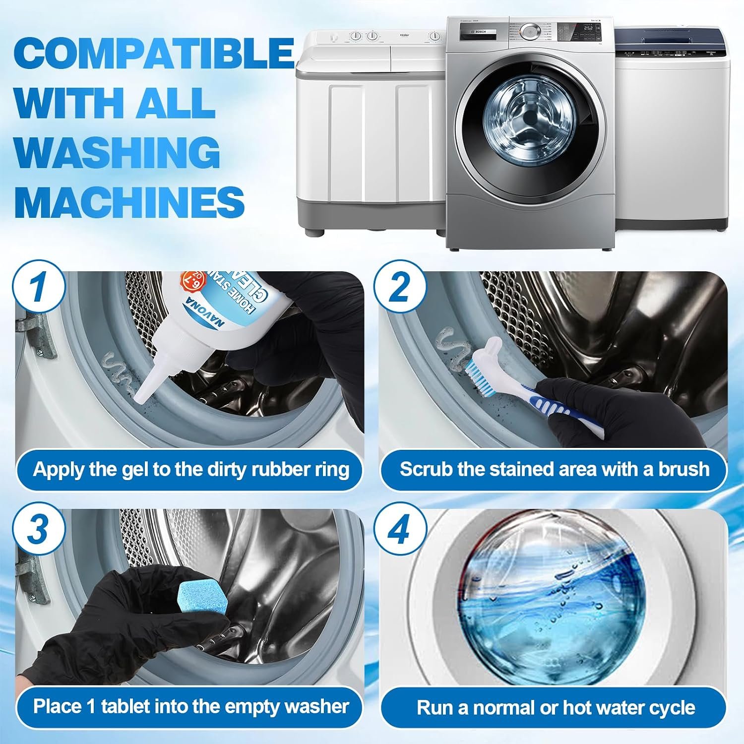 Navona 24 Pack Washing Machine Cleaner Tablets, Washer Cleaner Tablets Pro Set with Stain Remover Gel, Deep Cleaning for Odor, Limescale & Pet Hair, Works for Front Load & Top Load Washers - Image 7