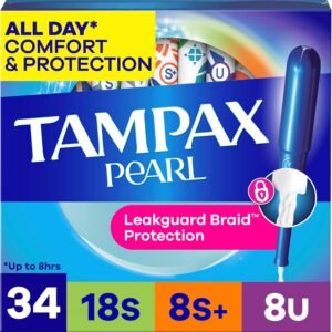 Tampax Pearl Tampons Trio Pack, Super/Super Plus/Ultra Absorbency with BPA-Free Plastic Applicator and LeakGuard Braid, Unscented, 34 Count