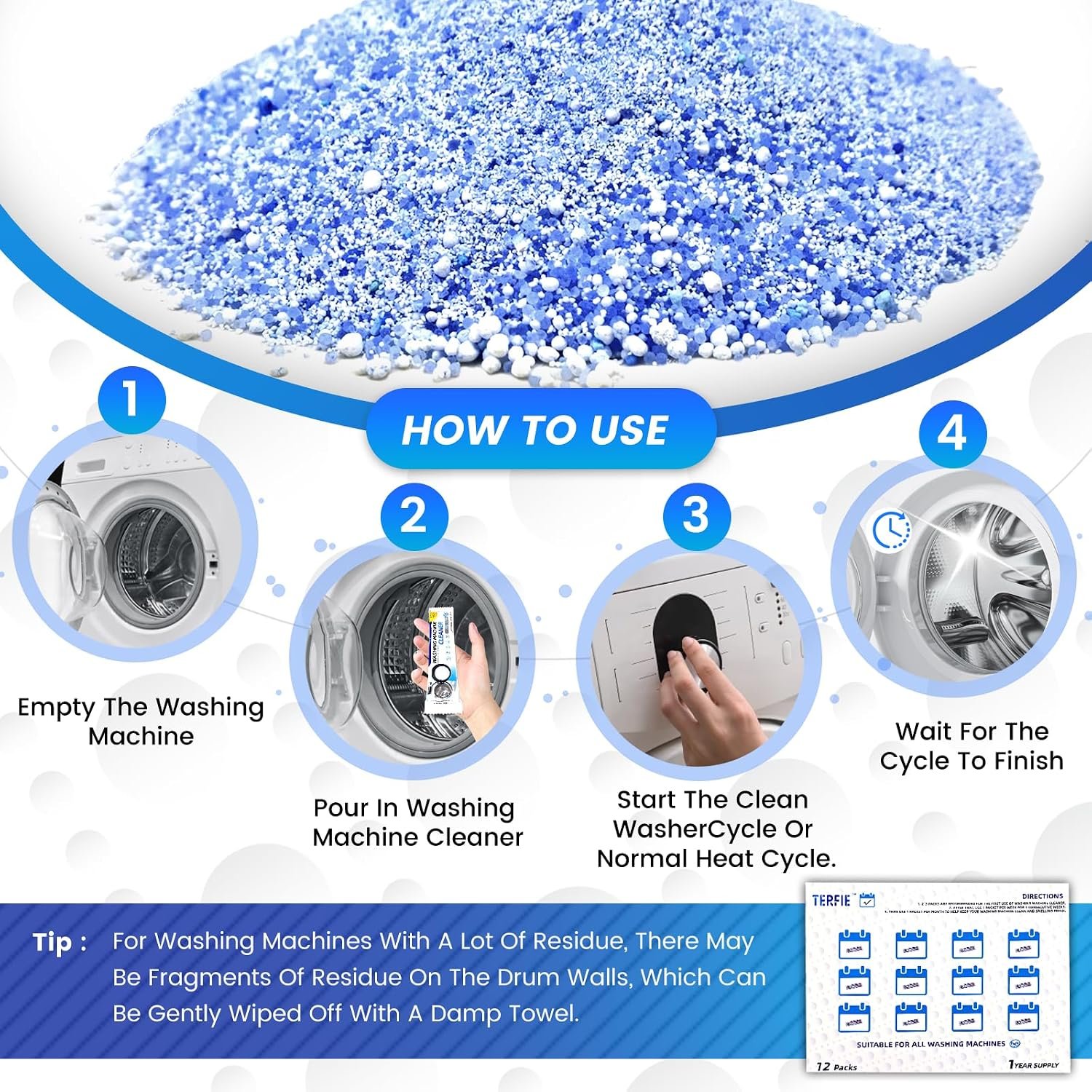 Washing Machine Cleaner Pre-Portioned Powder Tablets for Top Load & Front Load Washers, Odor-Removing, Detergent-Buildup Dissolving, Easy-Dissolve Maintenance Cleaner-12 Pack - Image 7