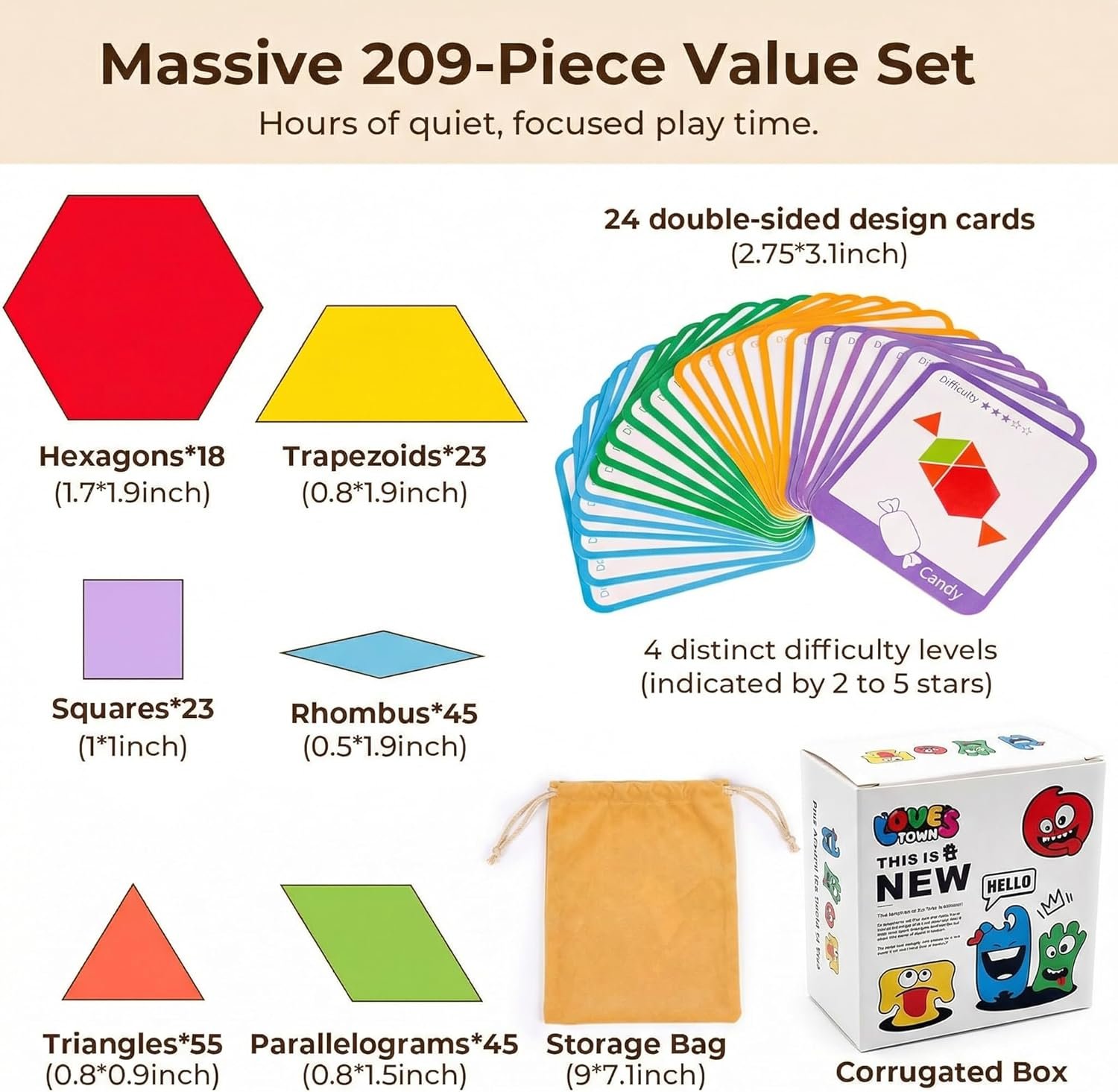 LovesTown 209 PCS Shapes Wooden Pattern Blocks for Kids, Geometric with Activity Cards and Storage Bag, Educational Tangram Puzzles,Great Learning Gift from Parents or Teachers - Image 2