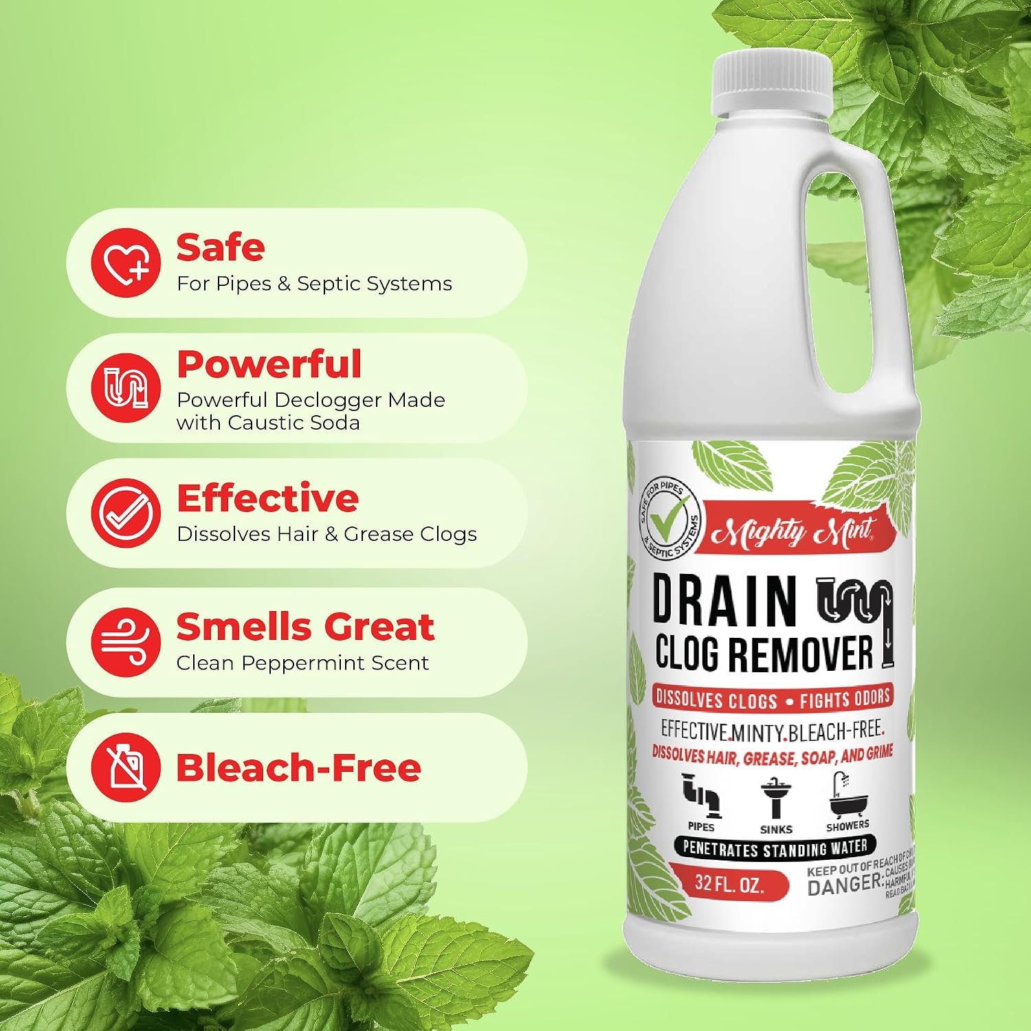 Mighty Mint Drain Clog Remover, Safe for Pipes and Septic, Dissolves Hair & Grease, Clears Blocked Drains and Deodorizes, Natural Mint Scent, 32oz - Image 5