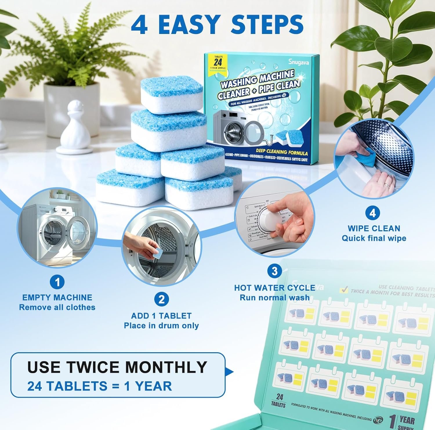 Washing Machine Cleaner Tablets and Deodorizer: 24 Pack Laundry Machine Tub Descaler Cleaner, Deep Cleaning Household Pods for HE Front Loader Top Load Washer, Septic-Safe Eco-Friendly - 1 Year Supply - Image 6