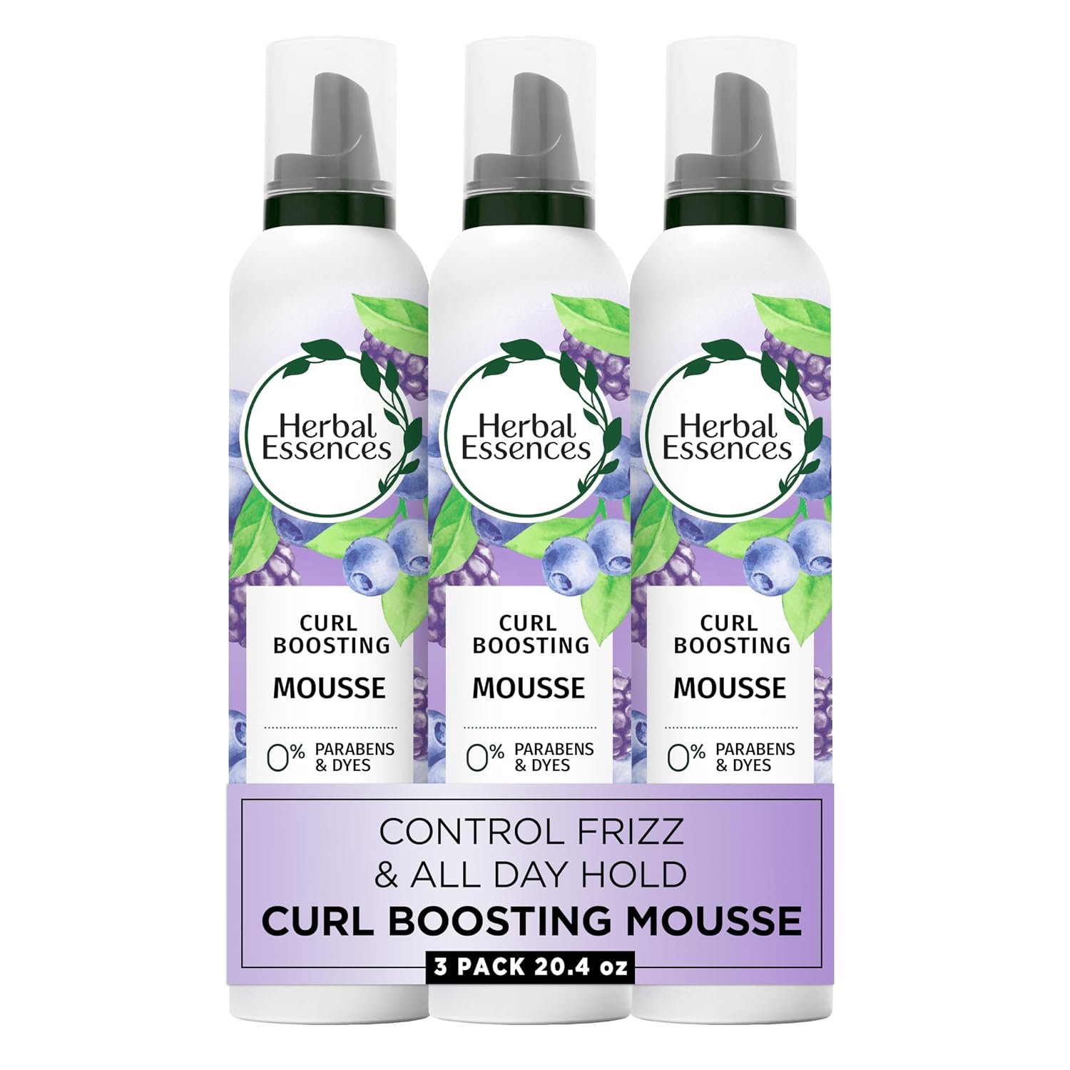 Herbal Essences Curl Boosting Mousse, Frizz Control for Curly & Wavy Hair, Long-Lasting Hold with Berry Scent, Paraben & Dye, Cruelty-Free, 6.8 Fl Oz Each, 3 Pack