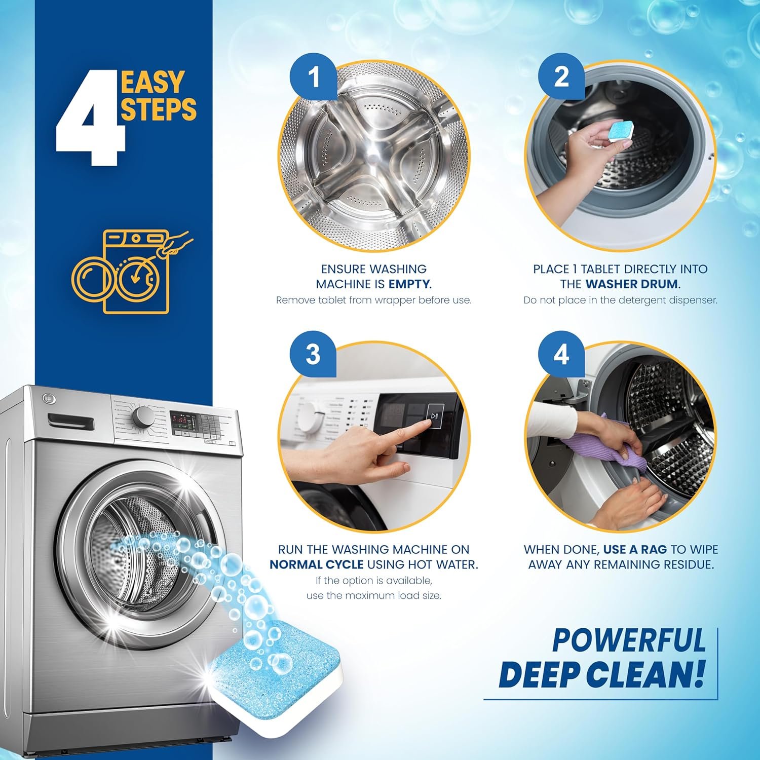 Washing Machine Cleaner Tablets 24 Pack - Deep Cleaning Tablets for Front & Top Load, Works With HE Washers, Removes Residue, Odor & Pet Hair - 12 Month Supply of Washer Cleaner Descalers, Septic Safe - Image 4
