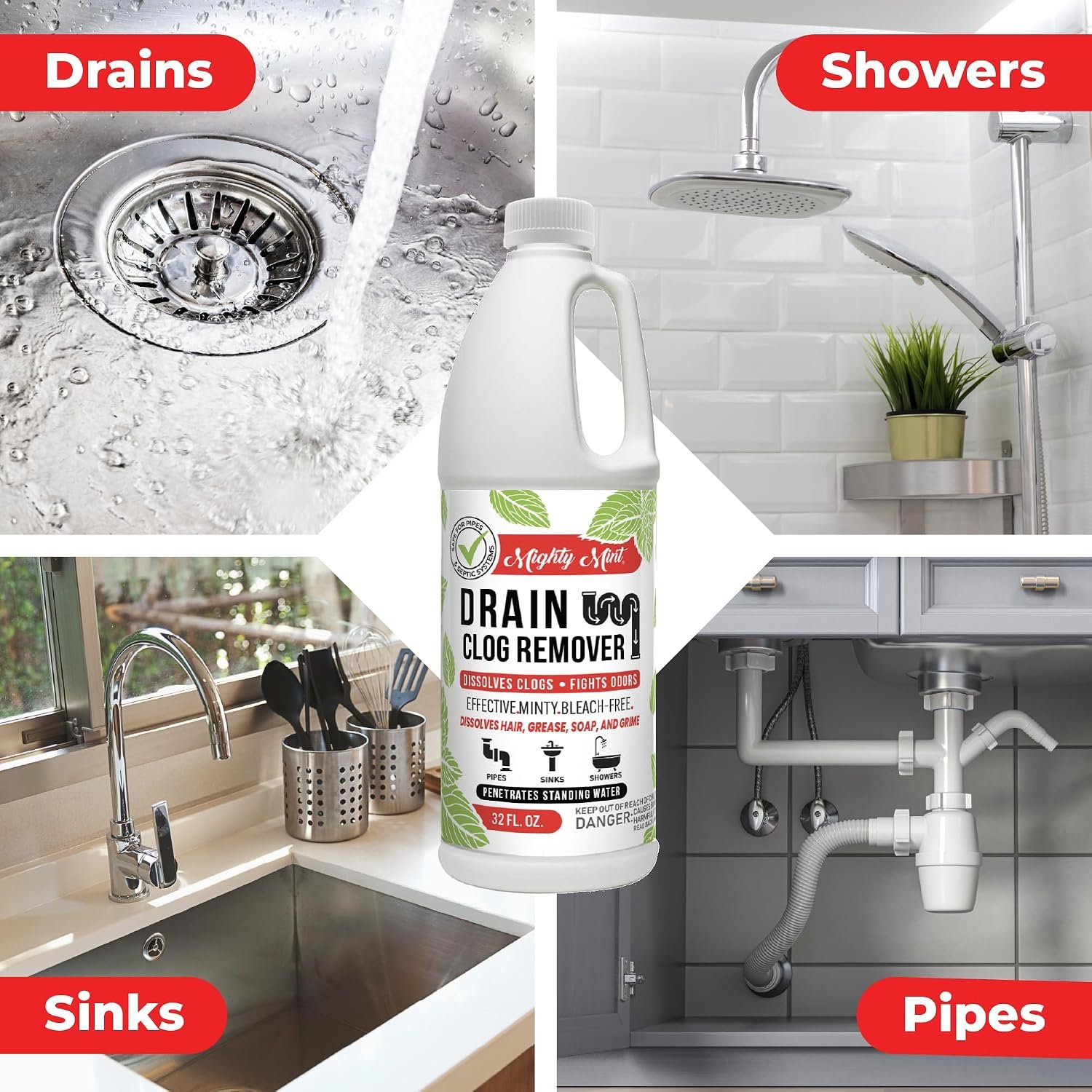Mighty Mint Drain Clog Remover, Safe for Pipes and Septic, Dissolves Hair & Grease, Clears Blocked Drains and Deodorizes, Natural Mint Scent, 32oz - Image 2