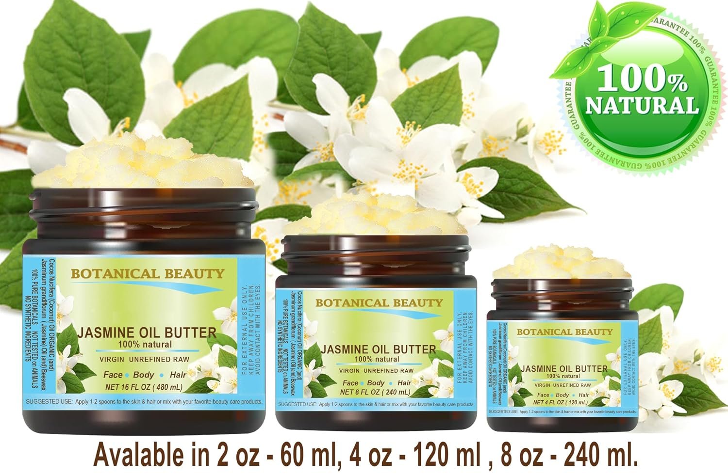 Botanical Beauty JASMINE OIL BUTTER Pure Natural Virgin Unrefined RAW for FACE, SKIN, BODY, DAMAGED HAIR, NAILS. (2 Fl Oz) - Image 8