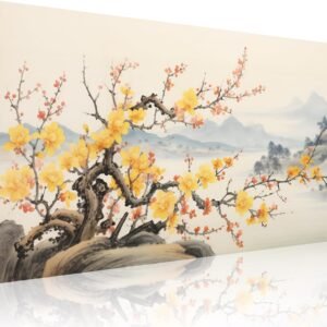 Asian Wall Art Traditional Chinese Painting Decor Oriental Yellow Plum Blossom Canvas Pictures for Wall Decor Home decor for Living Room Cherry Blossom Landscape Artwork Framed Ready to Hang