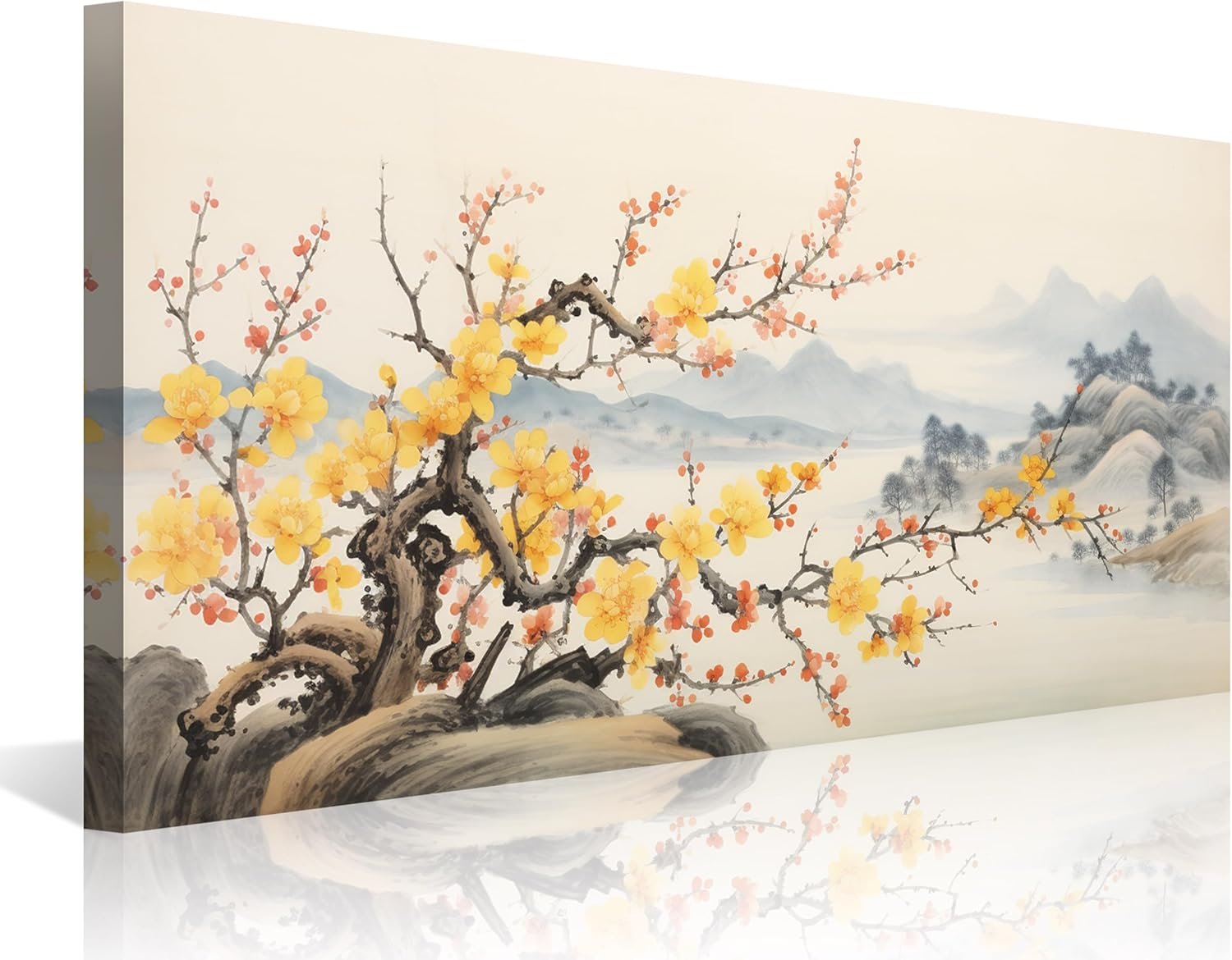 Asian Wall Art Traditional Chinese Painting Decor Oriental Yellow Plum Blossom Canvas Pictures for Wall Decor Home decor for Living Room Cherry Blossom Landscape Artwork Framed Ready to Hang
