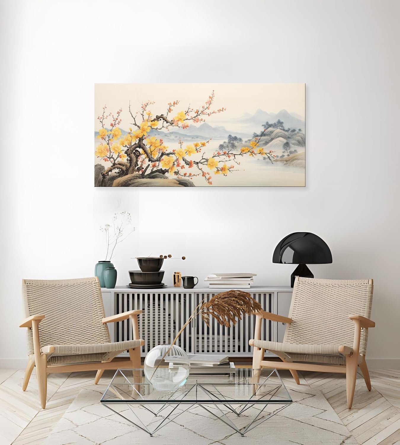 Asian Wall Art Traditional Chinese Painting Decor Oriental Yellow Plum Blossom Canvas Pictures for Wall Decor Home decor for Living Room Cherry Blossom Landscape Artwork Framed Ready to Hang - Image 6