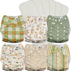 Mama Koala 3.0 Pocket Cloth Diapers for Babies with AWJ Lining, 6 Pack with 6 5-Layer Natural Cloth Diaper Inserts – Reusable and Washable Pocket Diapers(A-Mushrooms)