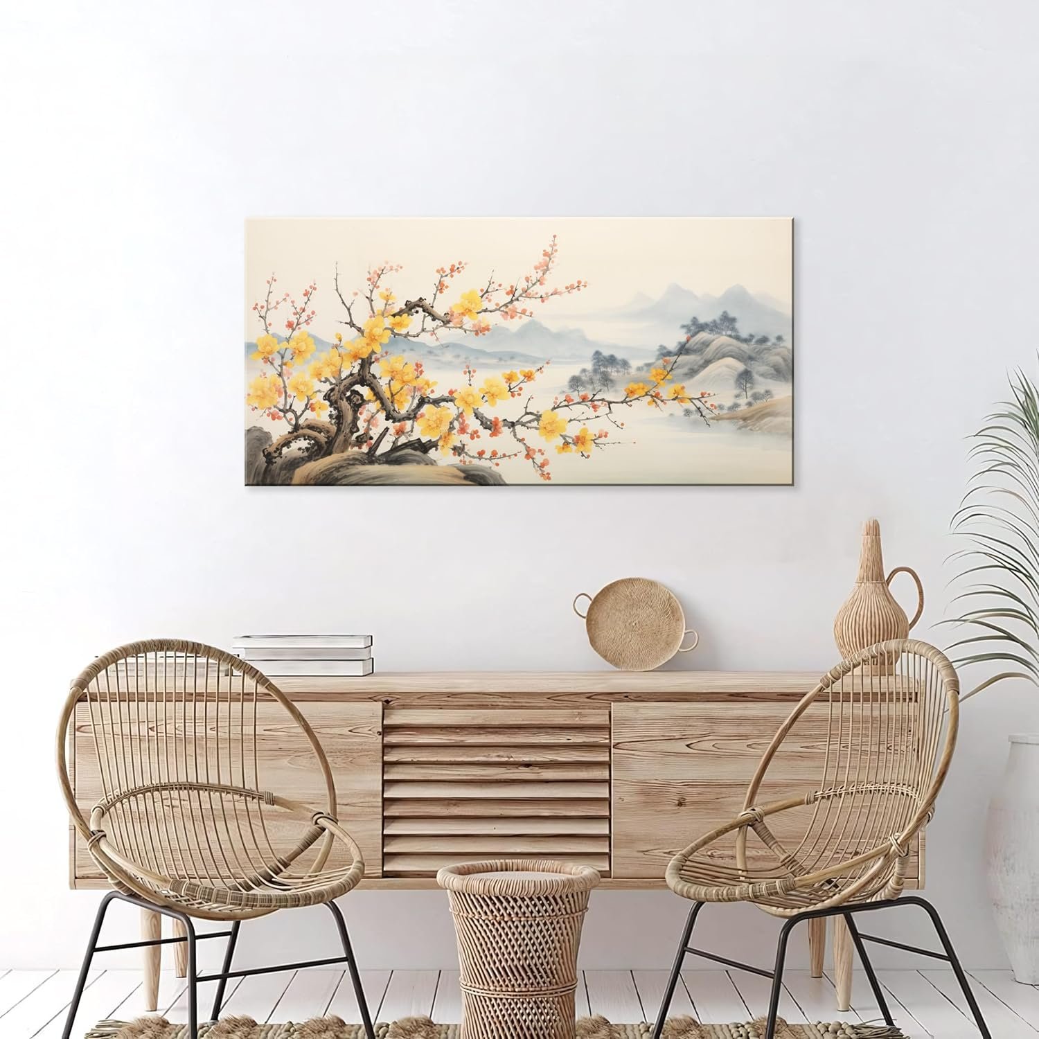 Asian Wall Art Traditional Chinese Painting Decor Oriental Yellow Plum Blossom Canvas Pictures for Wall Decor Home decor for Living Room Cherry Blossom Landscape Artwork Framed Ready to Hang - Image 5