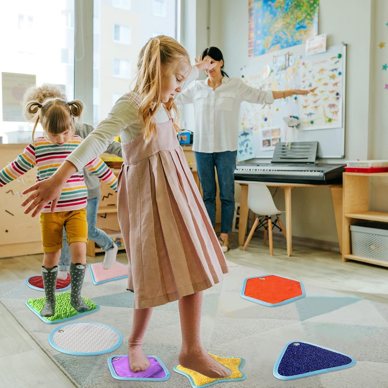 Boao 8 Set Mini Sensory Mats Assorted Textured Play Mats Sensory Floor Tiles Educational Tactile Toys for Activity(8.7 Inch,Irregular) - Image 7