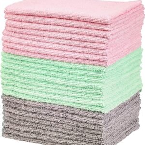 Amazon Basics Microfiber Cleaning Cloths, Ultra-Soft and Highly Absorbent, Streak-Free, Lint-Free, Scratch-Free, Washable, for Car Detailing and Glass Cleaning, 16″ x 12″, Green/Gray/Pink, 24-Pack
