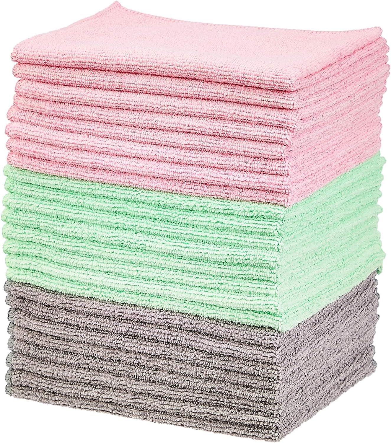 Amazon Basics Microfiber Cleaning Cloths, Ultra-Soft and Highly Absorbent, Streak-Free, Lint-Free, Scratch-Free, Washable, for Car Detailing and Glass Cleaning, 16" x 12", Green/Gray/Pink, 24-Pack