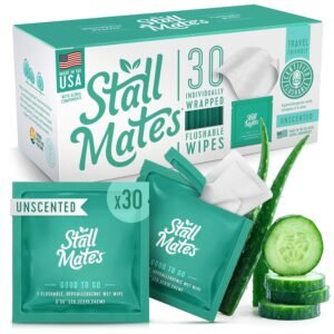 Stall Mates – Flushable Wipes, Individually Wrapped, Travel Friendly, Unscented with Cucumber, Vitamin-E & Aloe, (30 on-the-go singles)