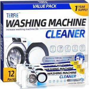 Washing Machine Cleaner Pre-Portioned Powder Tablets for Top Load & Front Load Washers, Odor-Removing, Detergent-Buildup Dissolving, Easy-Dissolve Maintenance Cleaner-12 Pack