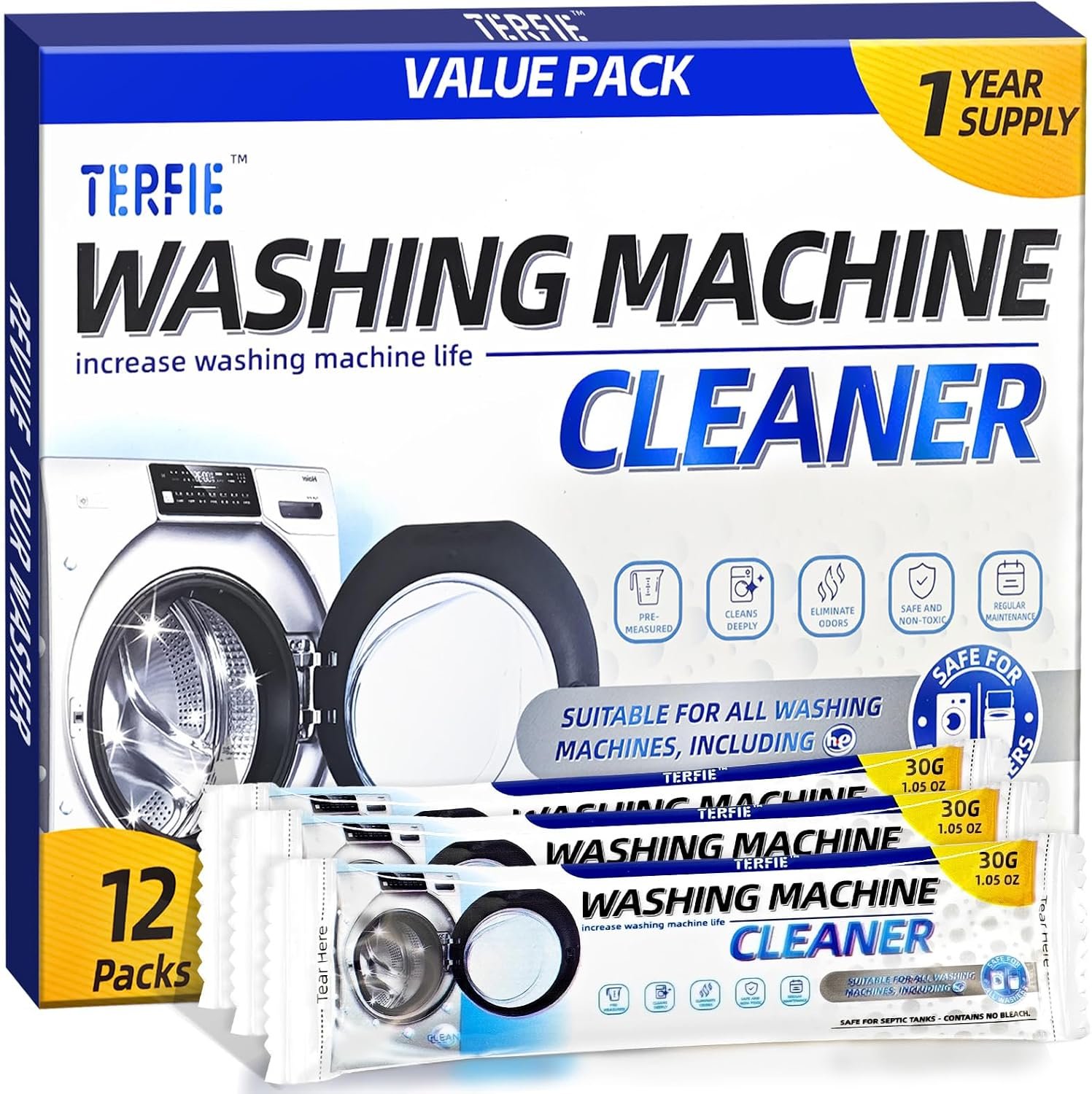Washing Machine Cleaner Pre-Portioned Powder Tablets for Top Load & Front Load Washers, Odor-Removing, Detergent-Buildup Dissolving, Easy-Dissolve Maintenance Cleaner-12 Pack