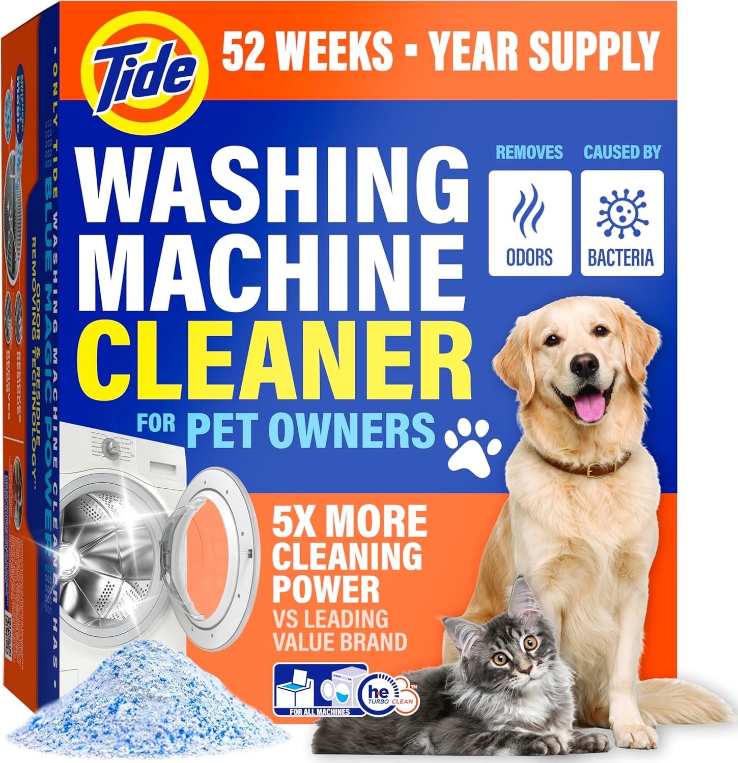 Tide Pet Washing Machine Cleaner 52 Week Supply with Oxi for Front and Top Loader Washer Machines, Deep Cleaning Residue & Odor Eliminator, 12 Month Supply (Packaging May Vary)