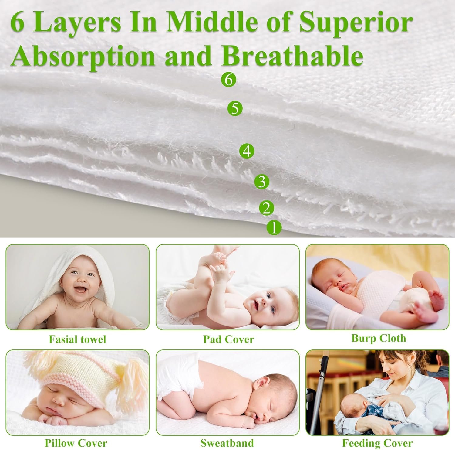 6 Ply Cloth Diapers Burp Cloth, Fasoar Thick Washable Absorbent Cotton Diaper for Babies and Toddlers Multi-Use 6/10/12 Count - Image 3