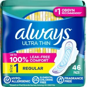 Always Ultra Thin Feminine Pads with Wings for Women, Size 1, Regular Absorbency, Unscented, Up to 100% Leak-Free Protection, 46 Count