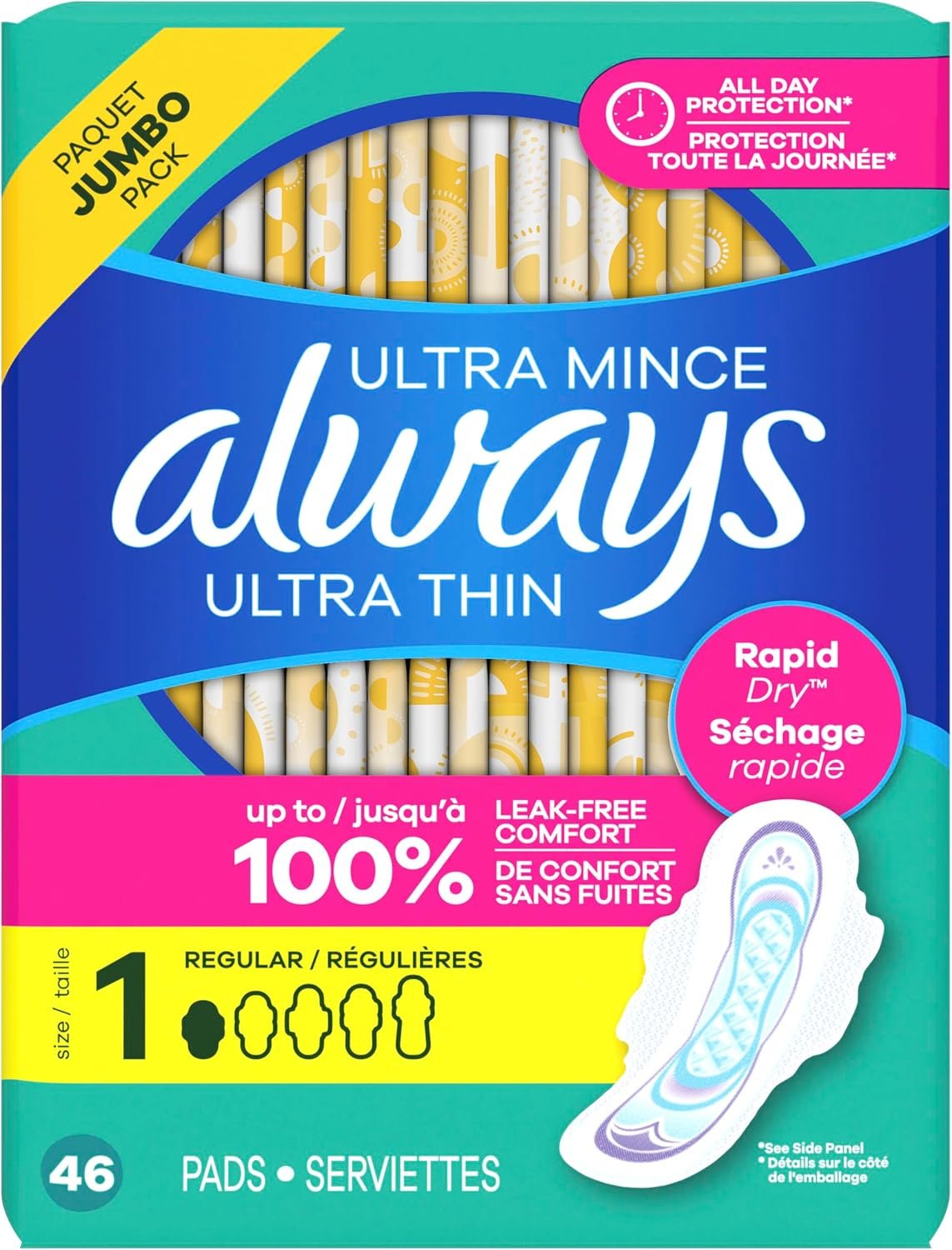 Always Ultra Thin Feminine Pads with Wings for Women, Size 1, Regular Absorbency, Unscented, Up to 100% Leak-Free Protection, 46 Count - Image 11