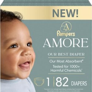 Pampers Amore, Size 1 (8-14 lbs), 82 Count, Our Best Diaper – Hypoallergenic & Fragrance Free, Up to 100% Leakproof, Soft as Cashmere