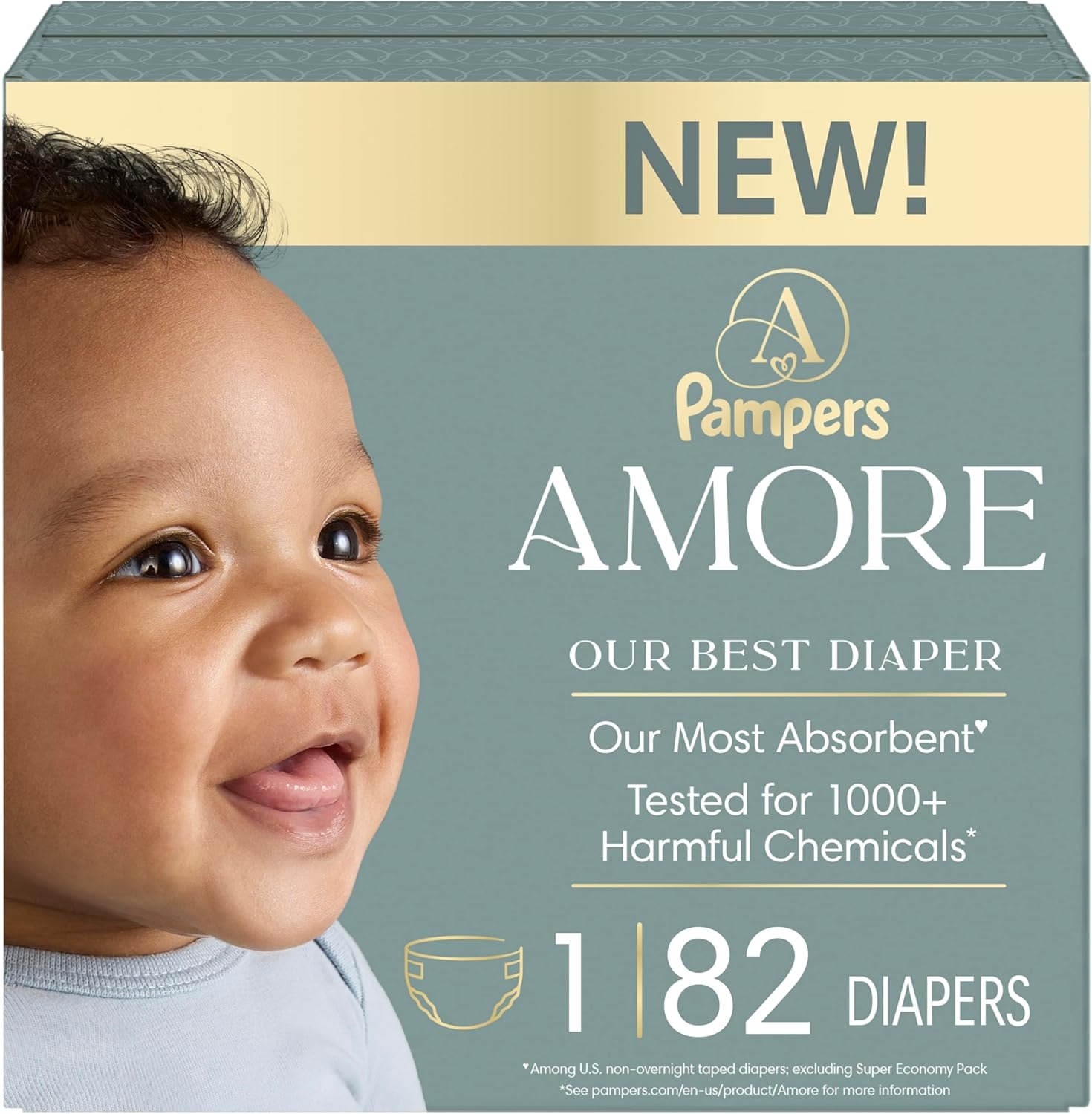 Pampers Amore, Size 1 (8-14 lbs), 82 Count, Our Best Diaper – Hypoallergenic & Fragrance Free, Up to 100% Leakproof, Soft as Cashmere