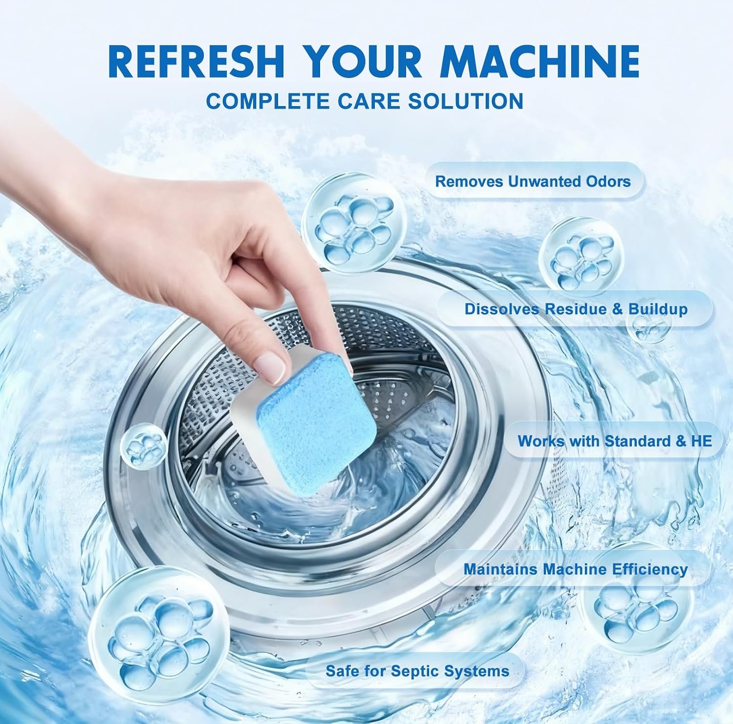 Washing Machine Cleaner Tablets and Deodorizer: 24 Pack Laundry Machine Tub Descaler Cleaner, Deep Cleaning Household Pods for HE Front Loader Top Load Washer, Septic-Safe Eco-Friendly - 1 Year Supply - Image 3