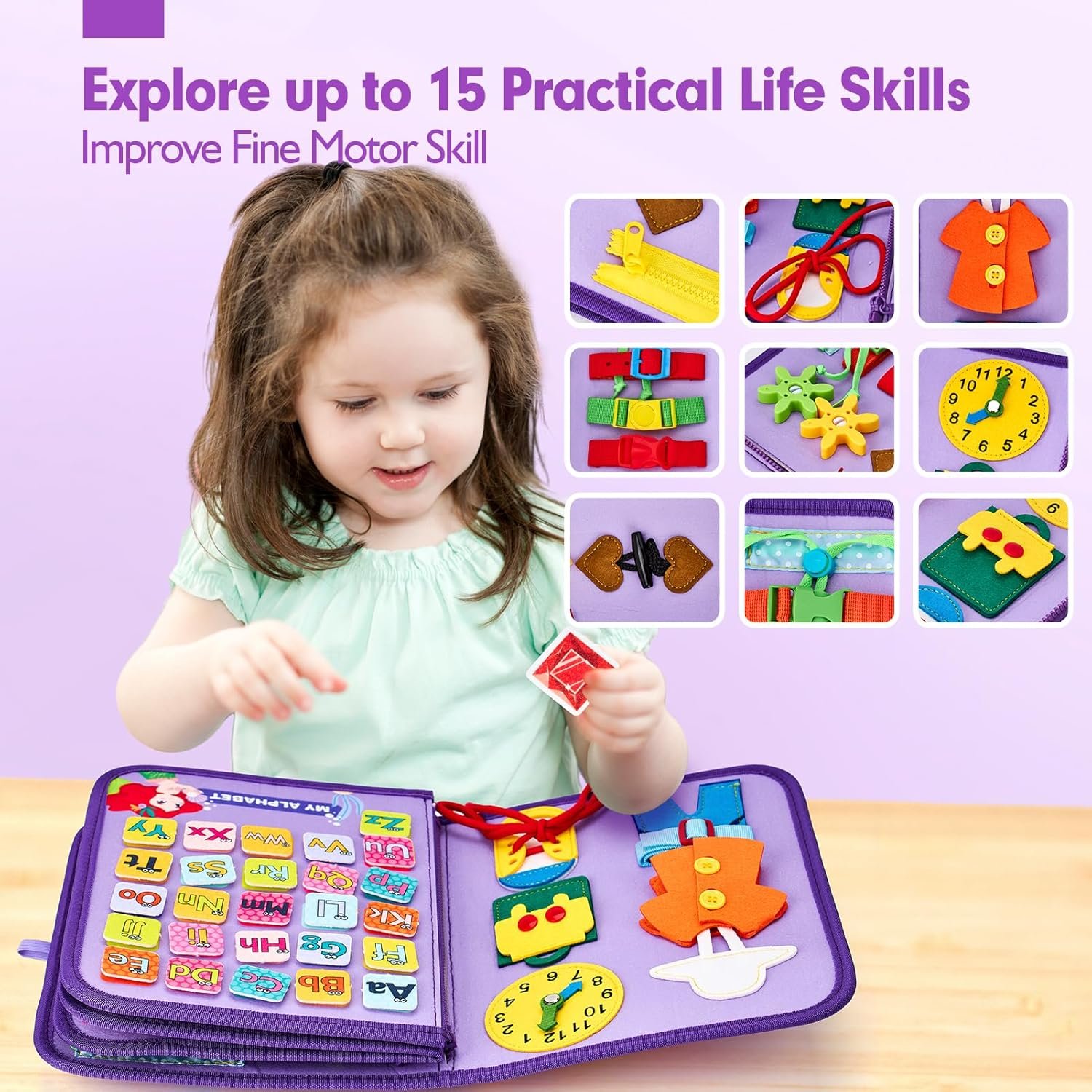 hahaland Busy Board Montessori Toys - 3 Year Old Girl Gifts Bithday Gift Ideas 3rd - 8 in 1 Preschool Learning Activities - Educational Toys Little Girls Age 3 Travel Busy Book for Airplane Car Rides - Image 2