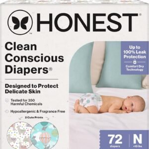 The Honest Company Comfort Dry Disposable Daytime Diapers for Sensitive Skin, Hypoallergenic, Above It All + All the Alpacas, Club Box Size Newborn 72 Count