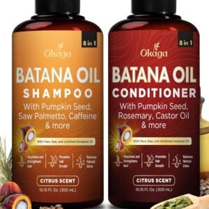 Batana Oil Shampoo & Conditioner Bundle (Okaga Shower Set) with Aloe Vera Leaf Juice, Saw Palmetto, Caffeine, Biotin, Jojoba, Pumpkin Seed, Castor, Rosemary & Hydrolyzed Rice Protein
