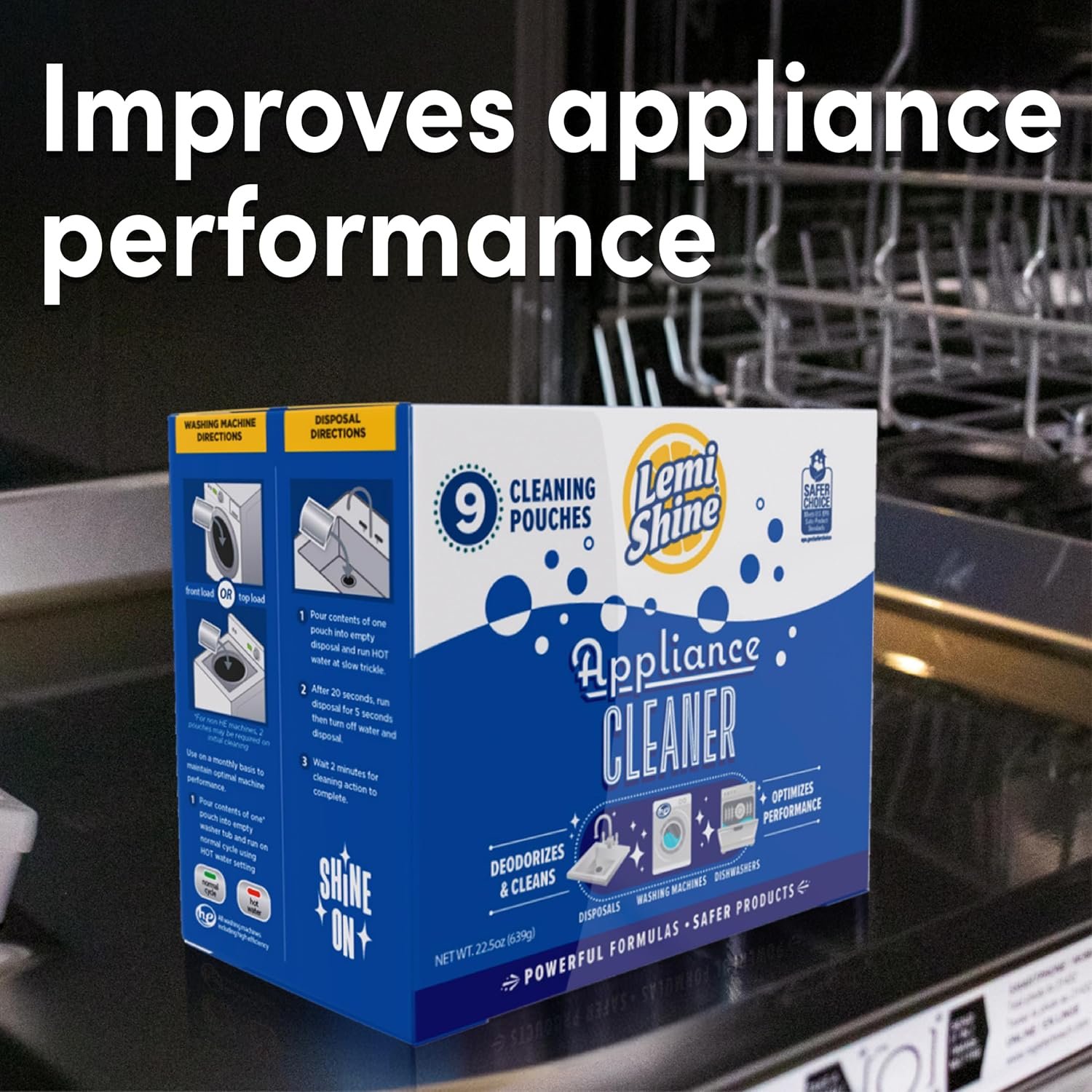 Lemi Shine Appliance Cleaner & Deodorizer - Dishwasher, Washing Machine, and Garbage Disposal Citric Acid Cleaner - 22.5 oz (9 Pack) - Image 3