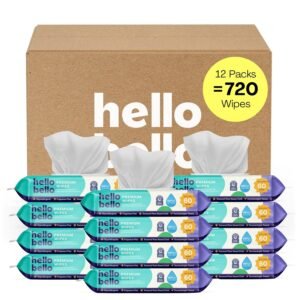 Hello Bello Premium Fragrance-Free Baby Wipes, with Chamomile & Aloe Extracts for Sensitive Skin – 12 Resealable Packs = 720 Total Wipes