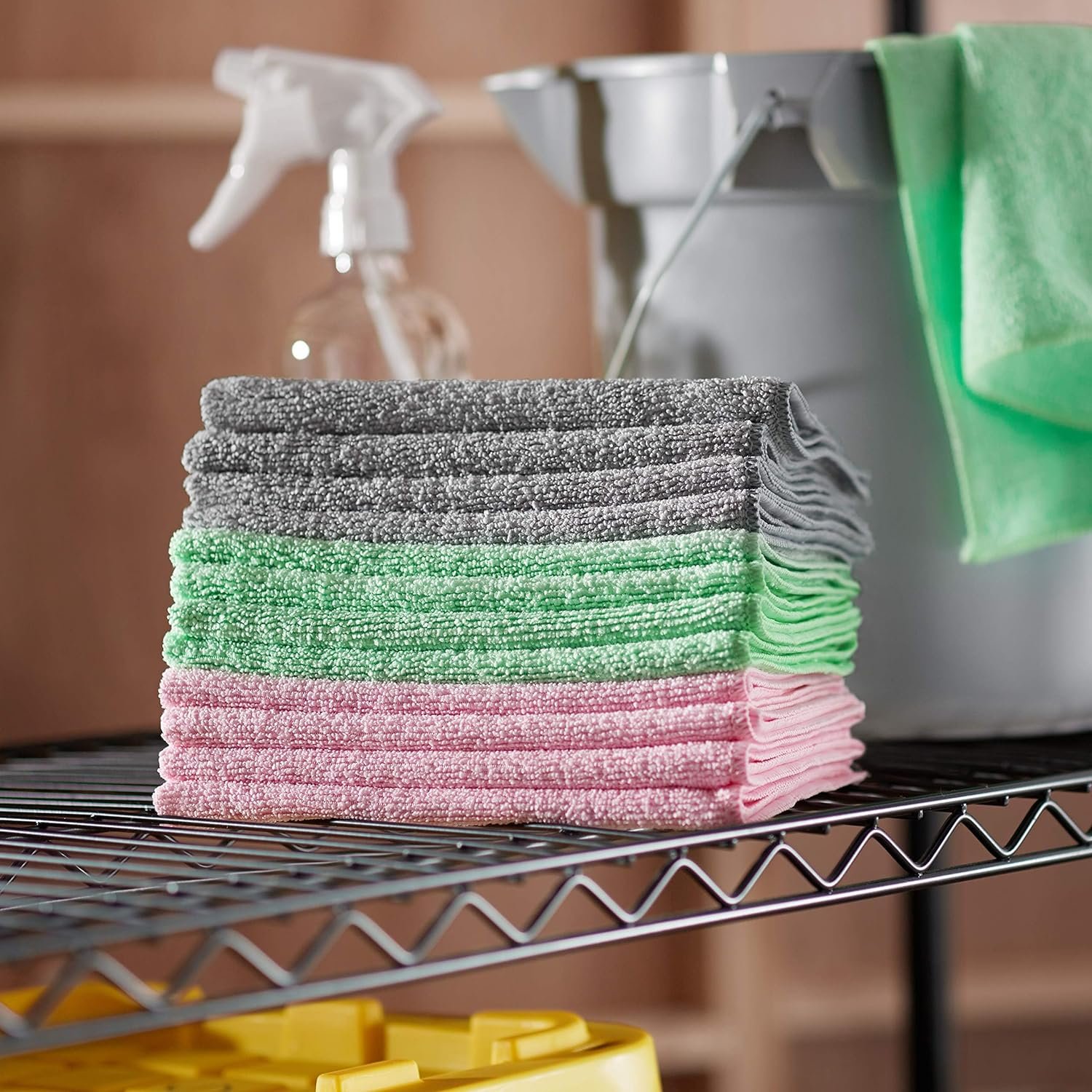 Amazon Basics Microfiber Cleaning Cloths, Ultra-Soft and Highly Absorbent, Streak-Free, Lint-Free, Scratch-Free, Washable, for Car Detailing and Glass Cleaning, 16" x 12", Green/Gray/Pink, 24-Pack - Image 5